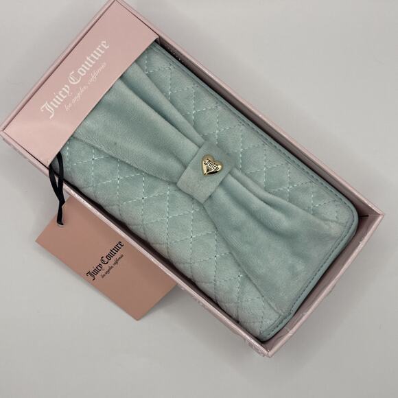 New! JUICY COUTURE Wallet Tied with a Bow Zip Around - Teal Velour - Picture 1 of 5